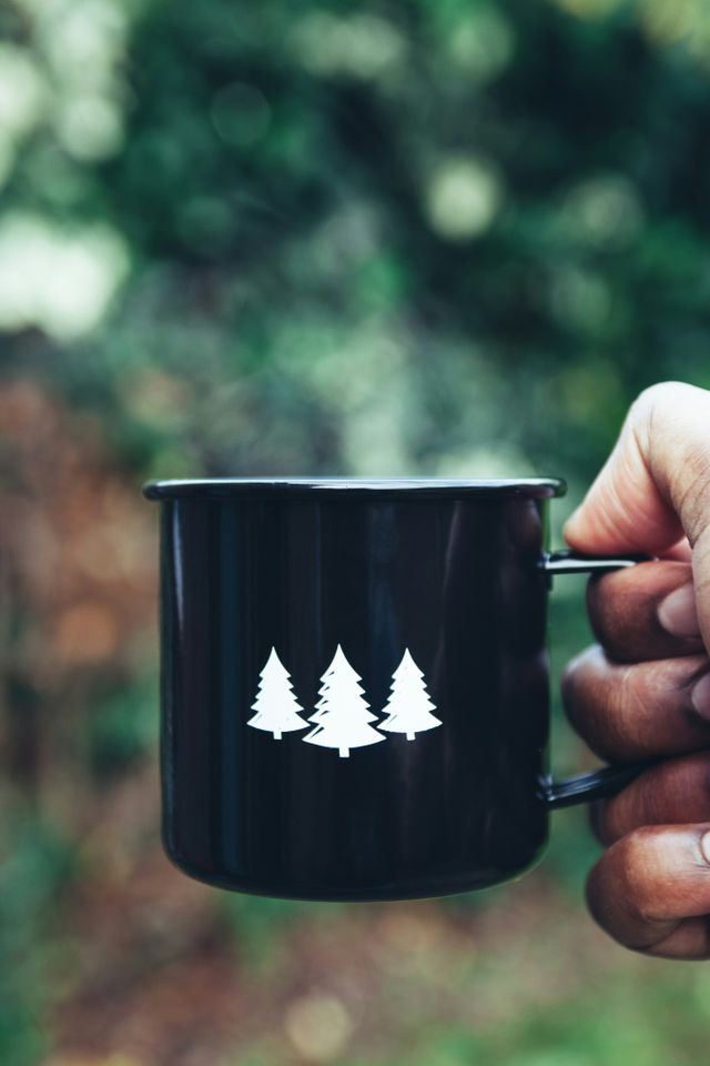 Eine Nahaufnahme eines grünen Emaillebechers mit drei Kiefern, der von jemandem hochgehalten wird, der in den Wäldern von Drenthe campt.