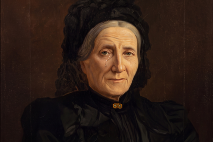 Close-up geschilderd portret van een oude vrouw met een traan over haar wang