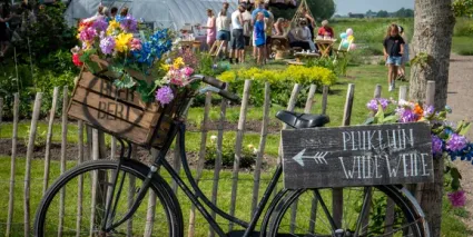 Versierde fiets met bloemen en houten bord 'Pluktuin Wilde Weide' op een landelijke locatie bij BoerBert met bezoekers op de achtergrond in Kamerik.