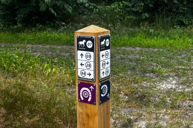 Een houten paaltje met knooppuntenbordjes erop.