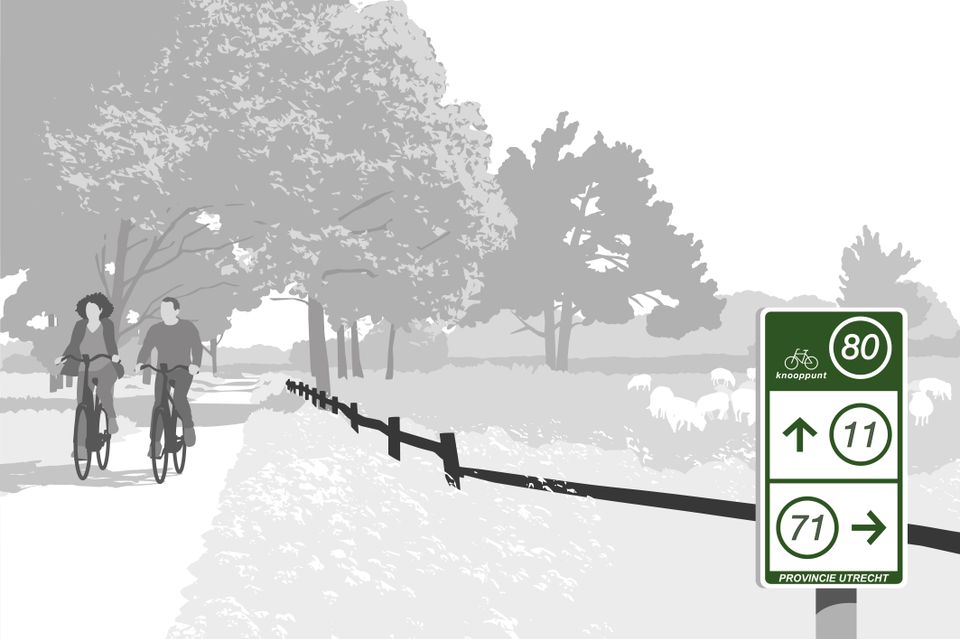 Illustratie fietsers met fietsroutenetwerk routebordje fietsknooppunt