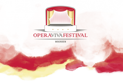 Logo van het Operaviva Festival Woerden met rood-gouden podiumgordijnen en aquarelachtergrond, symbool voor een sfeervol cultureel operafestival in Woerden.