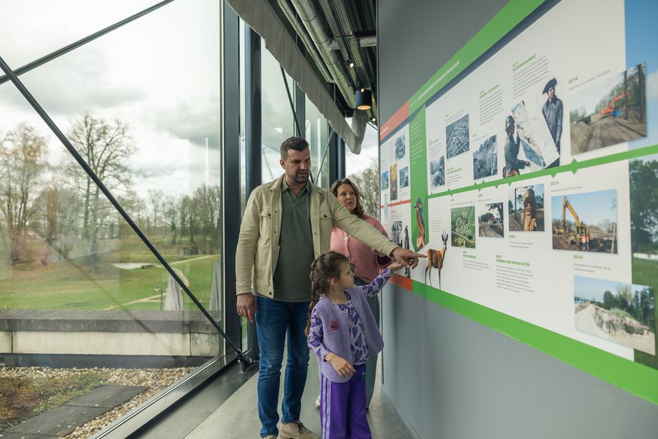 Gezin met kinderen lopen langs een muur en wijzen naar informatieborden. Achter hen is uitzicht op de Grebbelinie.