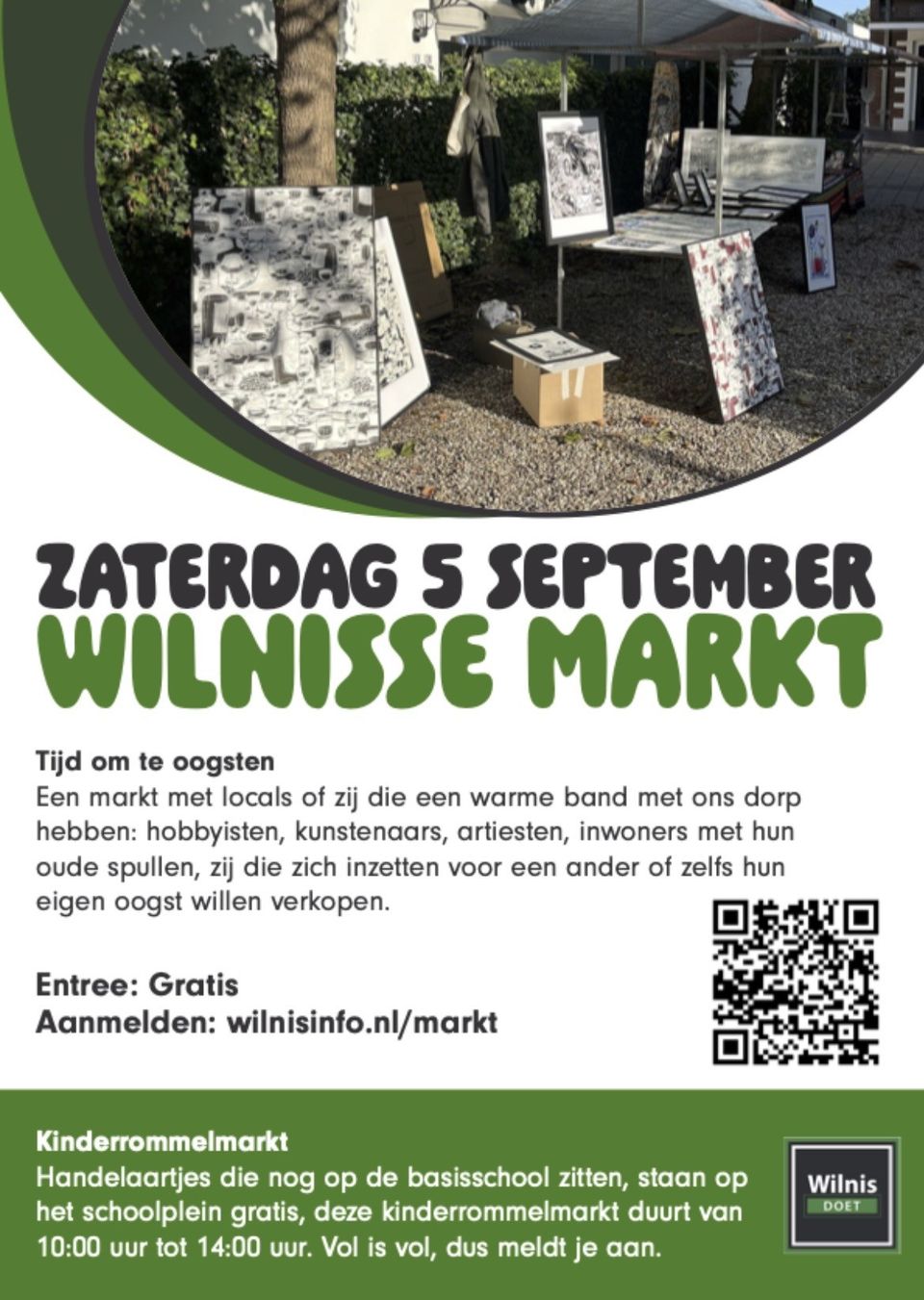 Lokale Wilnisse Markt in Wilnis, gemeente De Ronde Venen, Groene Hart, poster voor de markt op zaterdag 5 september met kunst, tweedehands spullen, lokale producten en een kinderrommelmarkt.
