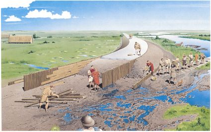 Tekening van de aanleg van de limesweg langs de Rijn