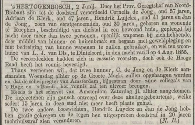 krantenbericht uit 1856 over de executie op de Markt
