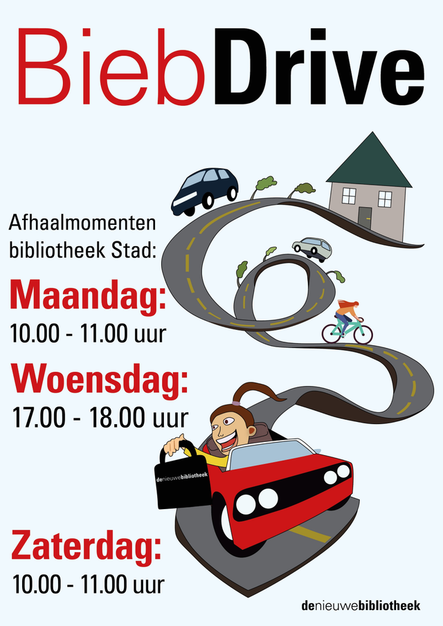 Poster Biebdrive bij De Nieuwe Bibliotheek in Almere Centrum