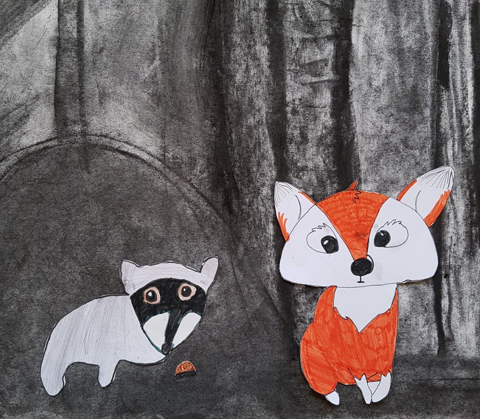 Houtskool en pastelkrijt, dieren in het bos
