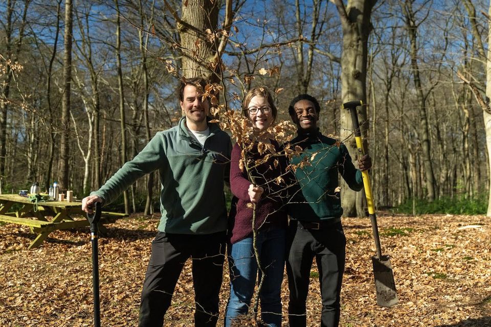 Vrijwilligers staan in een bos met bomen in de hand