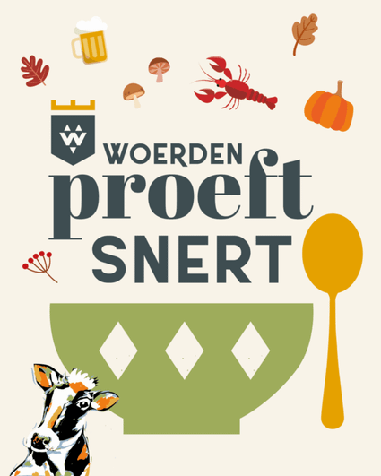 Promotieafbeelding van het evenement ‘Woerden Proeft Snert’ met een groene soepkom, lepel, herfsticonen en een koe, onderdeel van de najaarsactiviteiten.