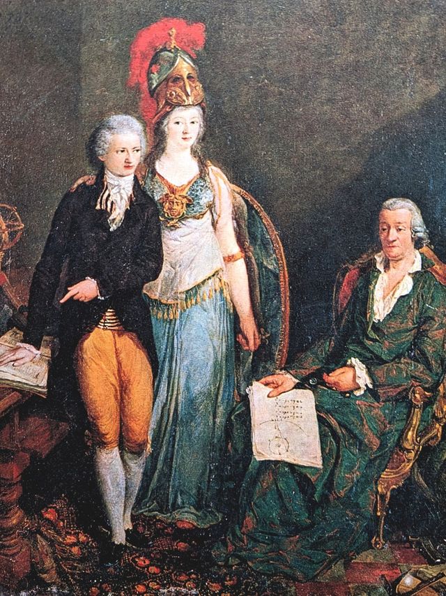 ‘Brittania tussen Newton en ’s Gravesande’, schilderij van G.M.de Boni, 1787.