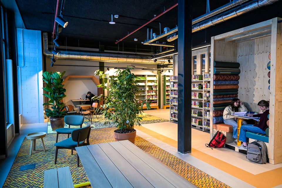Gezellige studieruimte in een bibliotheek met planten, tafels en boekenkasten. Twee studenten zitten in een houten nis te werken, terwijl anderen aan tafels lezen en studeren in een rustige omgeving.