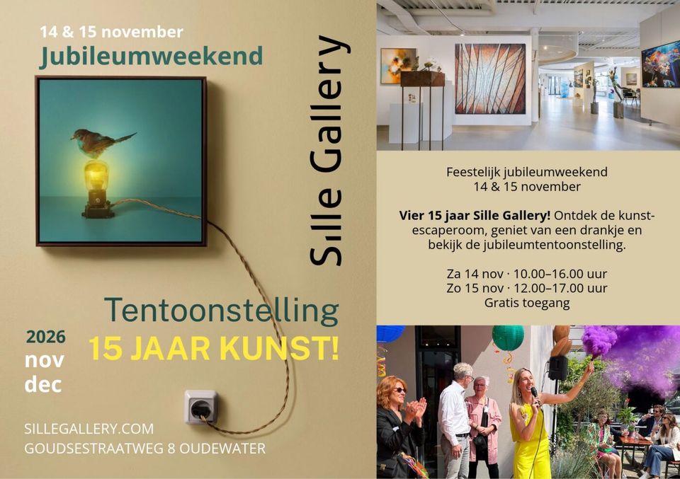 Jubileumweekend 15 jaar Sille Gallery in Oudewater op 14 en 15 november met kunsttentoonstelling, kunst-escaperoom en feestelijke activiteiten.