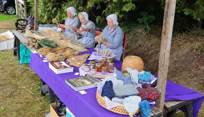 Vrijwilligers van de Trapakkers in oude Edese klederdracht achter een kraam