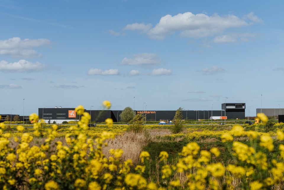 Die VanHaren-Schuhfabrik mit gelben Blumen im Vordergrund.