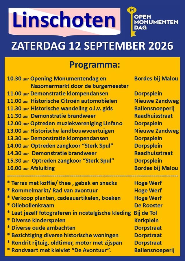 Poster van Open Monumentendag Linschoten in gemeente Montfoort, Groene Hart. Programma voor zaterdag 12 september 2026 met tijden, locaties en activiteiten zoals historische wandelingen, oude ambachten, muziekoptredens, en bezichtiging van monumenten.