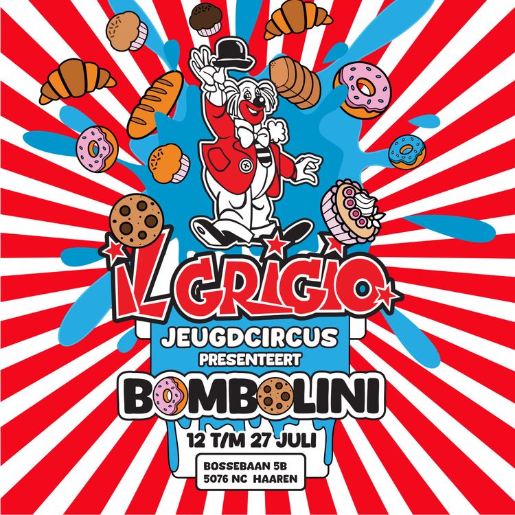 Kleurrijke getekende affiche van de voorstelling met daarop een clown tussen verschillende broodjes en gebakjes. Op de affiche staan ook de data van de voorstellingen en het adres van de locatie in Haaren.