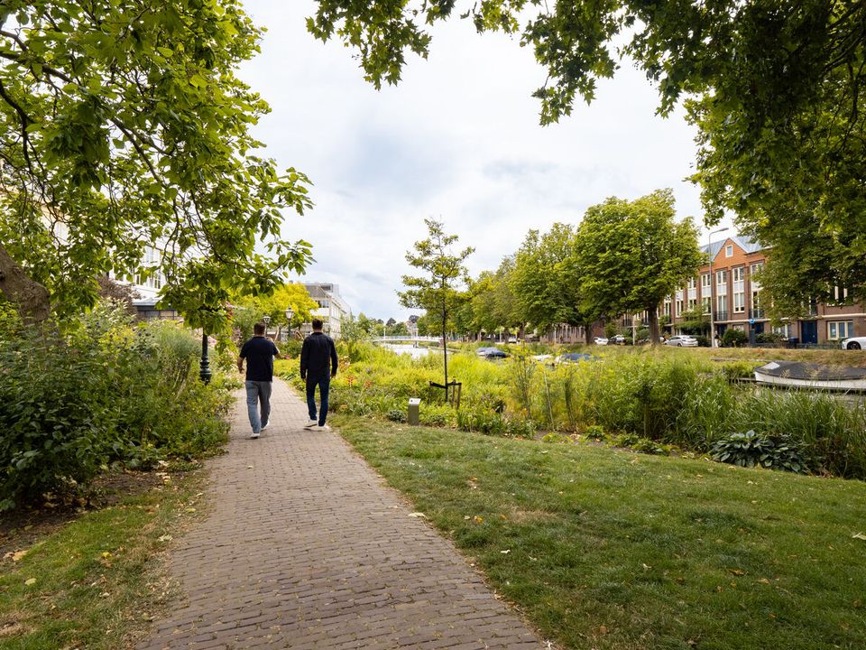 Two people walking down the street