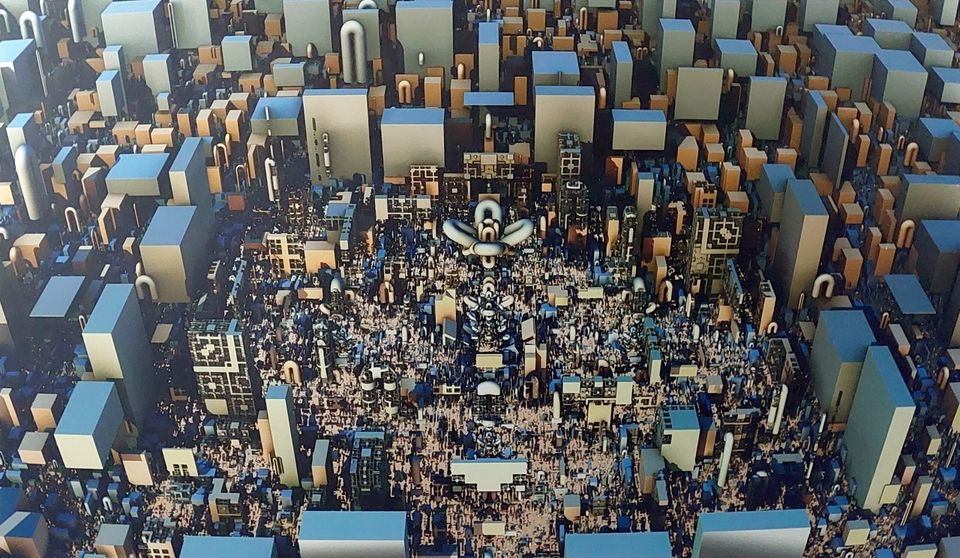 Een schilderij/foto van een bovenaanzicht van een stad