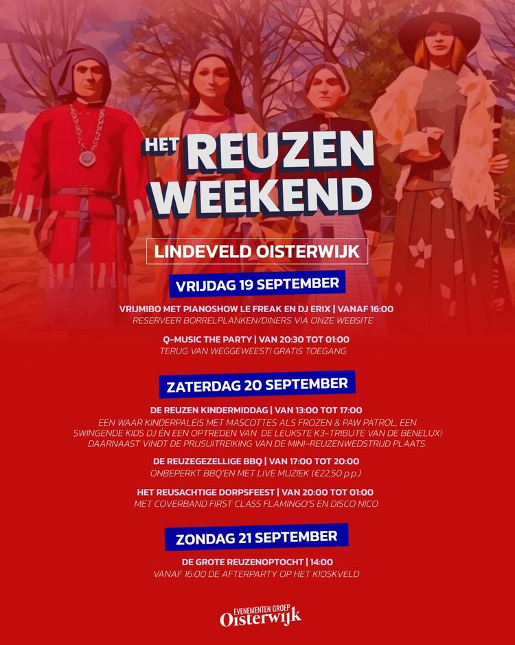 Rode affiche met alle activiteiten tijdens het Reuzenweekend in Oisterwijk