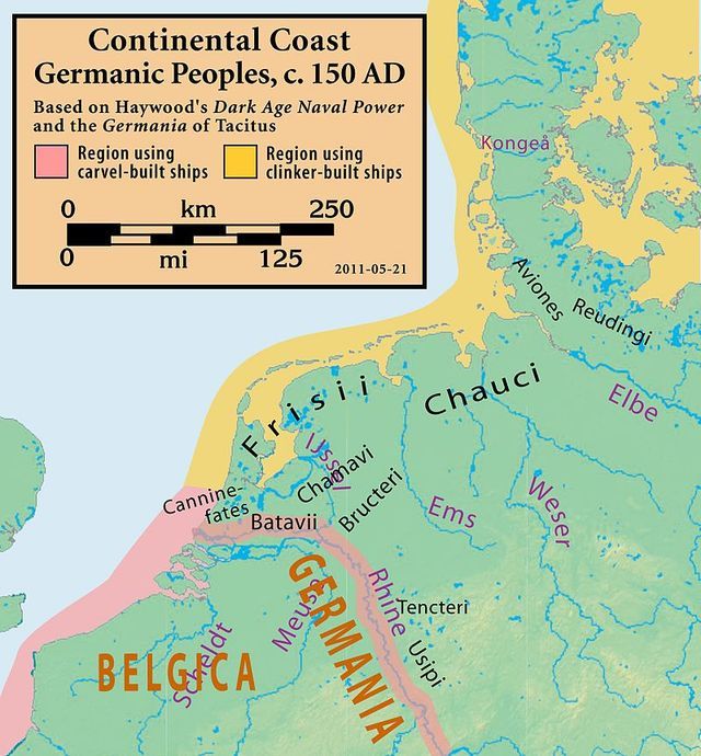 Een kaart met Germaanse lokale volken in Nederland tijdens de Romeinse tijd.