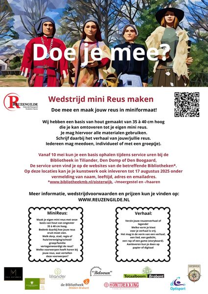 Affiche met kleurrijke tekening van de 4 reuzen en daaronder tekst met informatie over de wedstrijd.