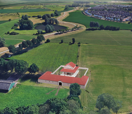 Foto van de maquette van de tempel in het Noordbrabants Museum, geprojecteerd op het huidige landschap. Bron: Jonkergouw 2019.