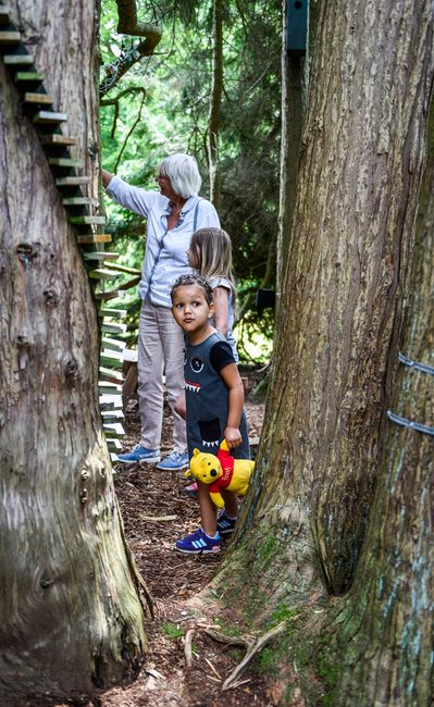 Twee kids en hun oma spelen in het bos van Landgoed de Paltz