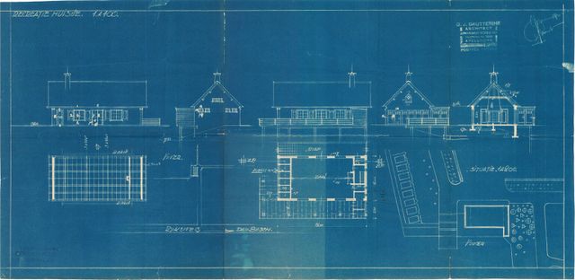 Blauwdruk van de oorspronkelijke realisatie van het badhuis naar de hand van architect D.J. Grutterink uit Apeldoorn