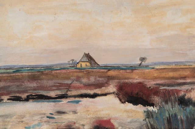 Schilderij van Vincent van Gogh met een landschap en boerderij, gemaakt in Drenthe.