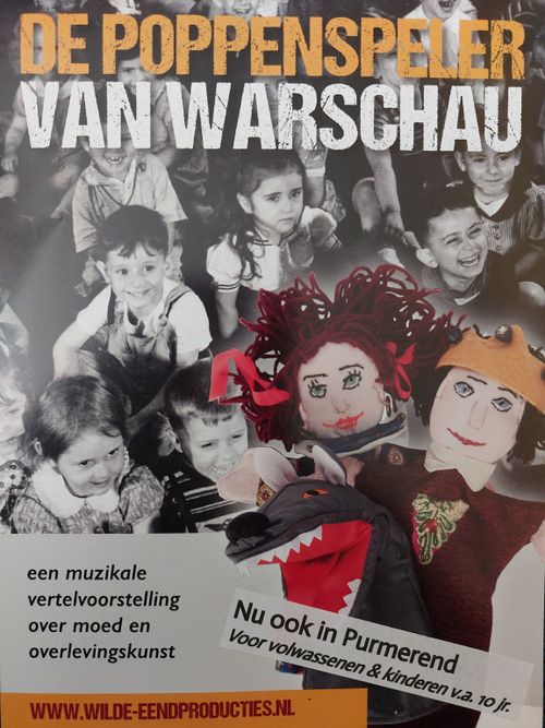 Poster met daarop poppen en kinderen van de tweede wereldoorlog