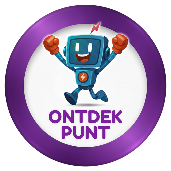 Logo van het OntdekPunt. Een paarse cirkel met in het midden een blauwe robot die mid-sprong is.
