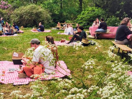 Picknickende mensen in de tuin van Slot Zuylen
