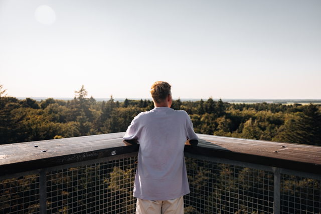 Een man kijkt hoog boven de bomen uit over het weidse Drentse landschap vanaf de de uitkijktoren Poolshoogte.