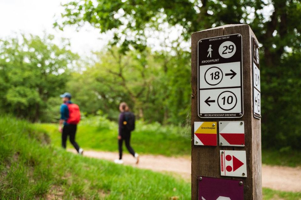Ein Wegweiser des Wanderknotenpunktsystems.