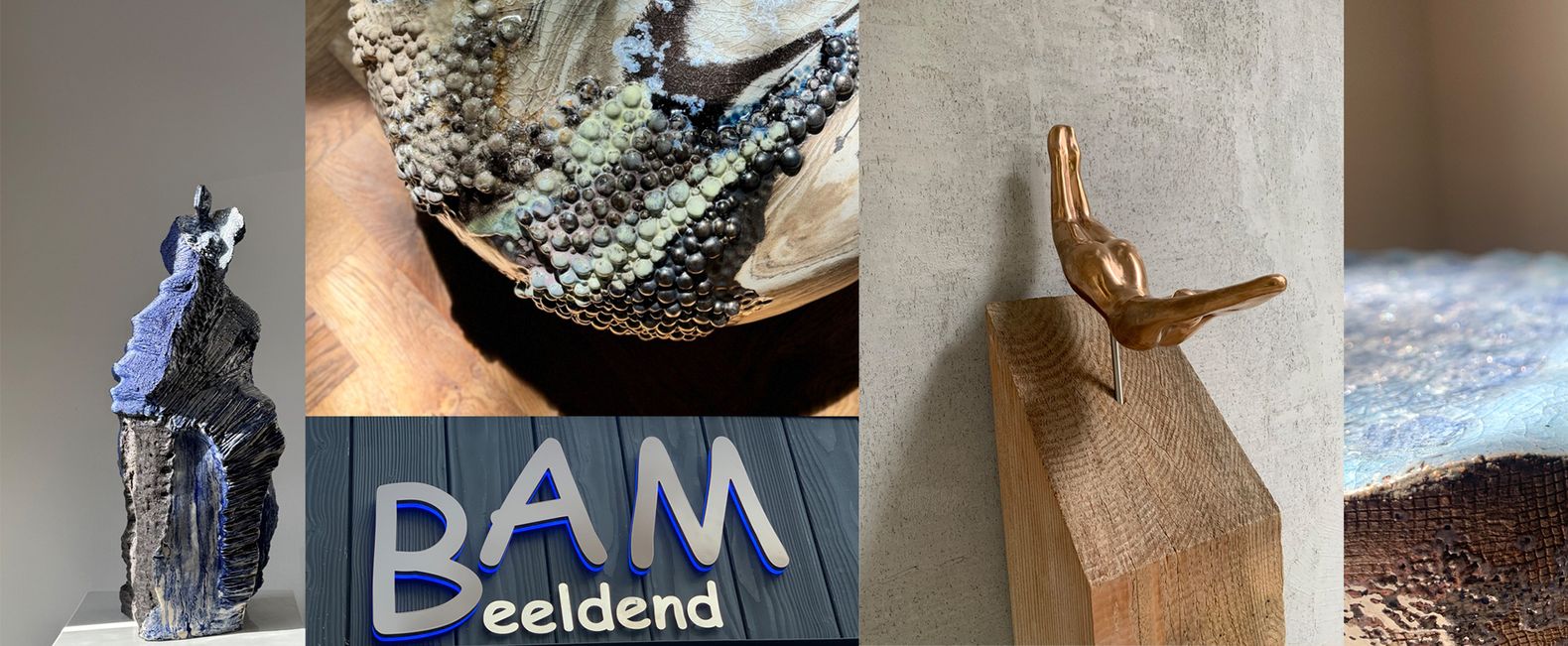 Atelier|Galerie met keramische & bronzen beelden, keramische vaas- & objecten, wandobjecten gemengde techniek: encaustic, acryl, keramiek|beton