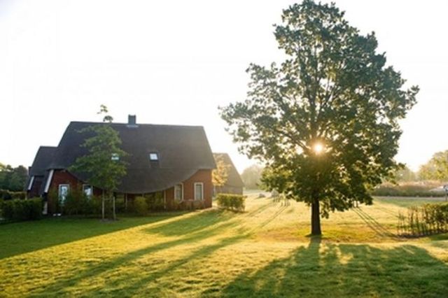 Ein Luxus-Bungalow mit Strohdach im Bungalowpark Hof van Saksen.