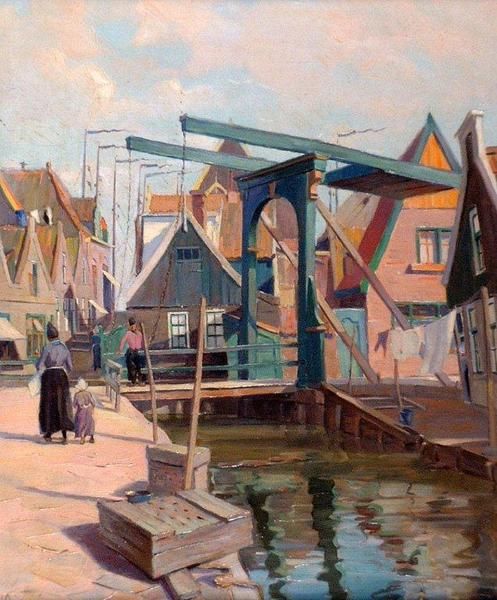 Een schilderij van de Drilbrug in Volendam