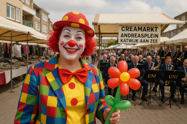 Afbeelding van een clown op de Creamarkt in Katwijk aan den Rijn