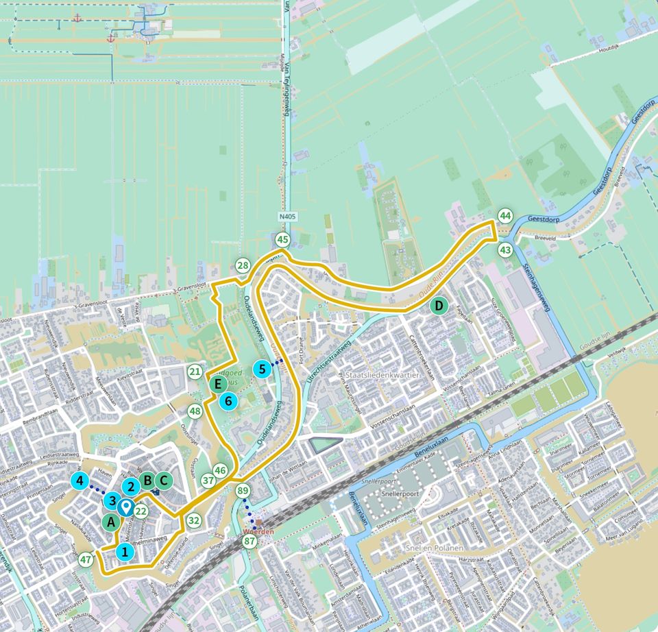 Routekaart wandeling Castellum Laurium in Woerden
