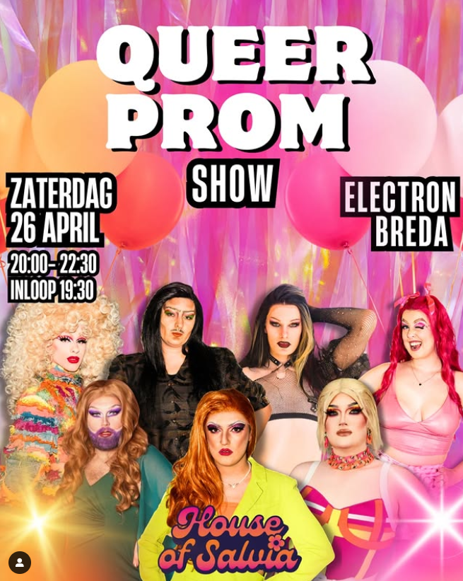 Poster met de tekst Queer prom en de drag performers van House of Salvia