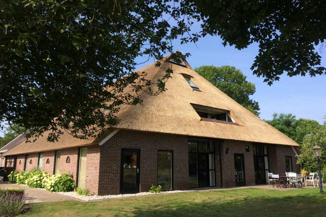 Een boerderij met op de voorgrond een grote boom.