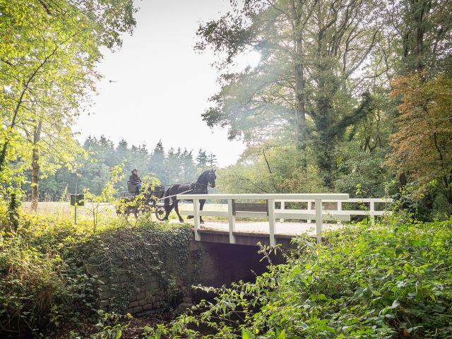 Foto van menner die over een brug een rijd gefotografeerd van veraf