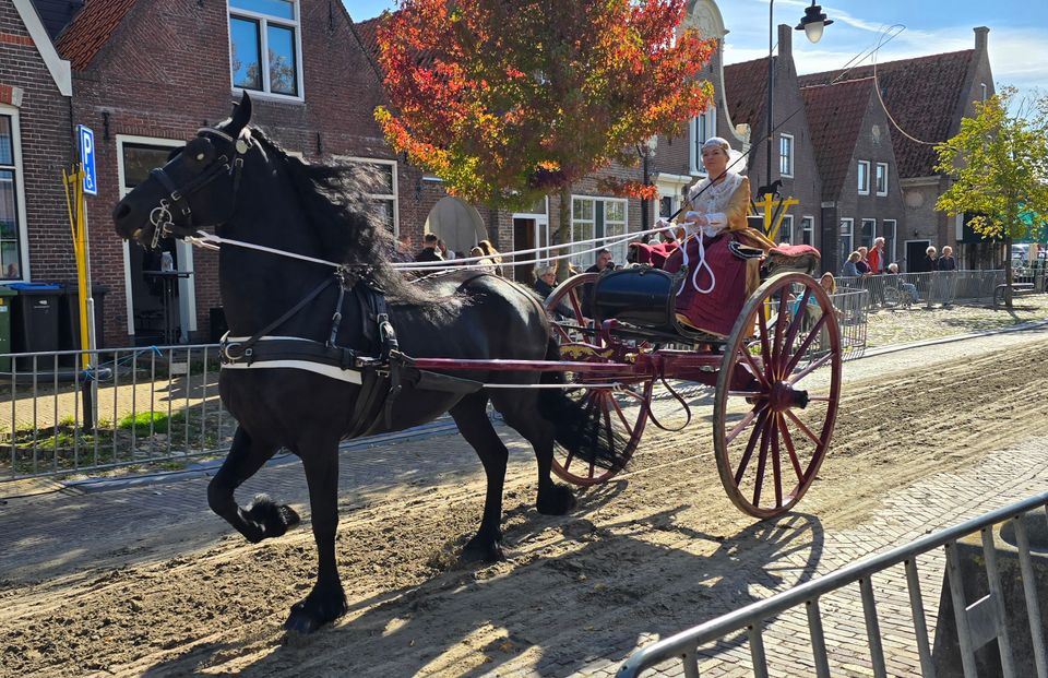 Vrouw in kledendracht op een rijtuig met Fries paard tijdens de concours van de Veekeuringsdag in Workum.