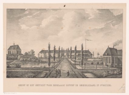 Tekening van het hoofdgebouw van de voormalige Kolonie Ommerschans