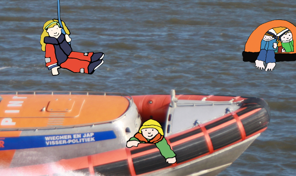 Foto van een reddingboot van de KNRM met illustraties van poppetjes met reddingvesten.