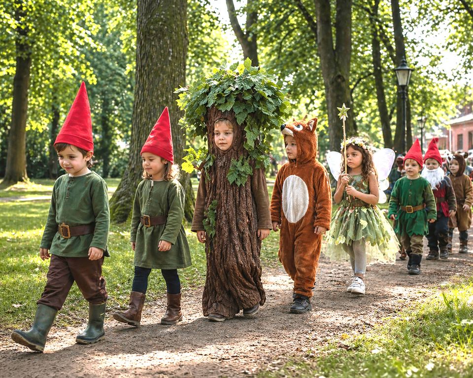 Optocht van kinderen verkleed als kabouter, elfje en boom