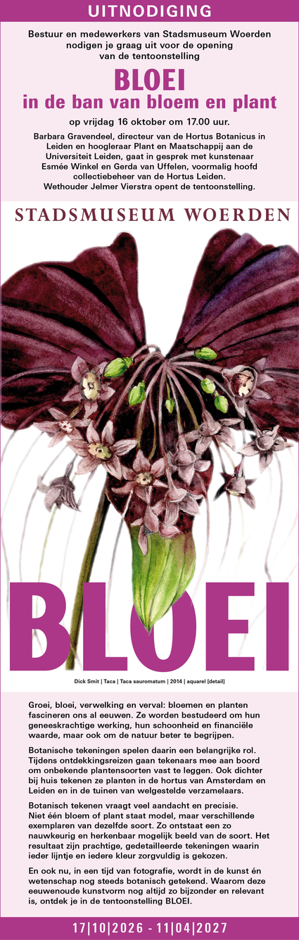 Poster van de tentoonstelling BLOEI – in de ban van bloem en plant in Stadsmuseum Woerden.