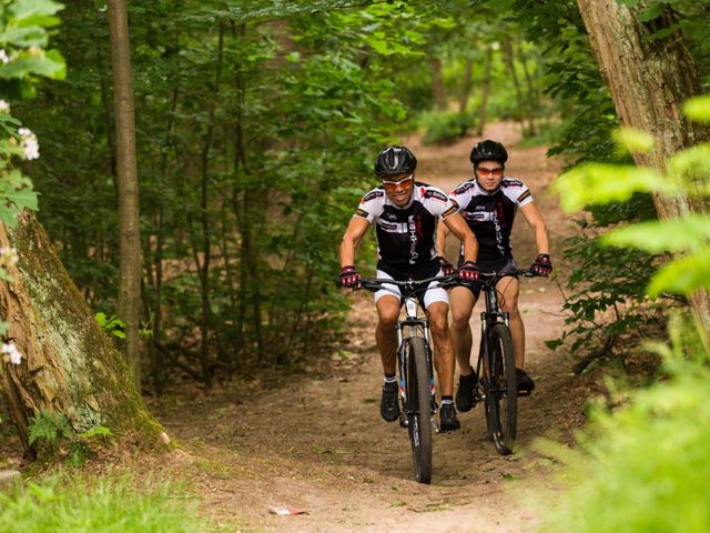 Twee mountainbikers in het bos