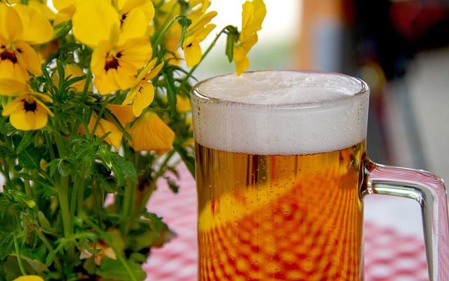 Glas bier naast een pot met gele viooltjes.